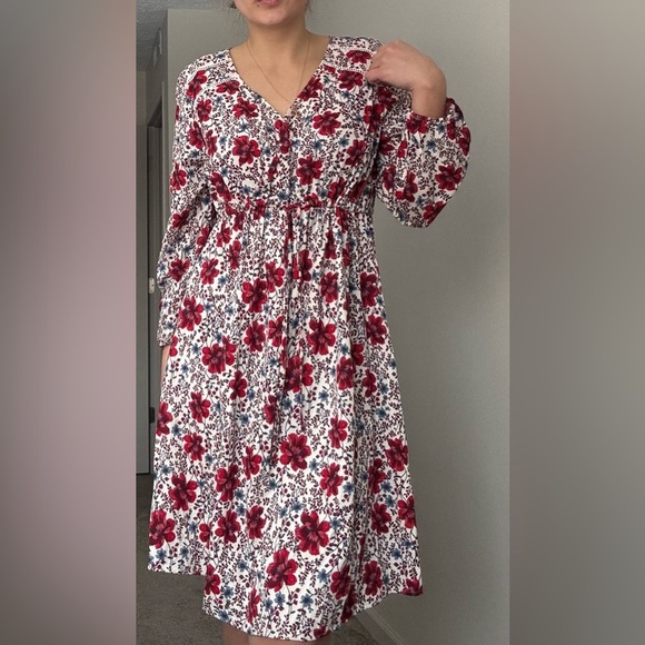 Waist-Difined Bell-Sleeve Faux-Wrap Dress for Women, red floral, Size L - Picture 2 of 11